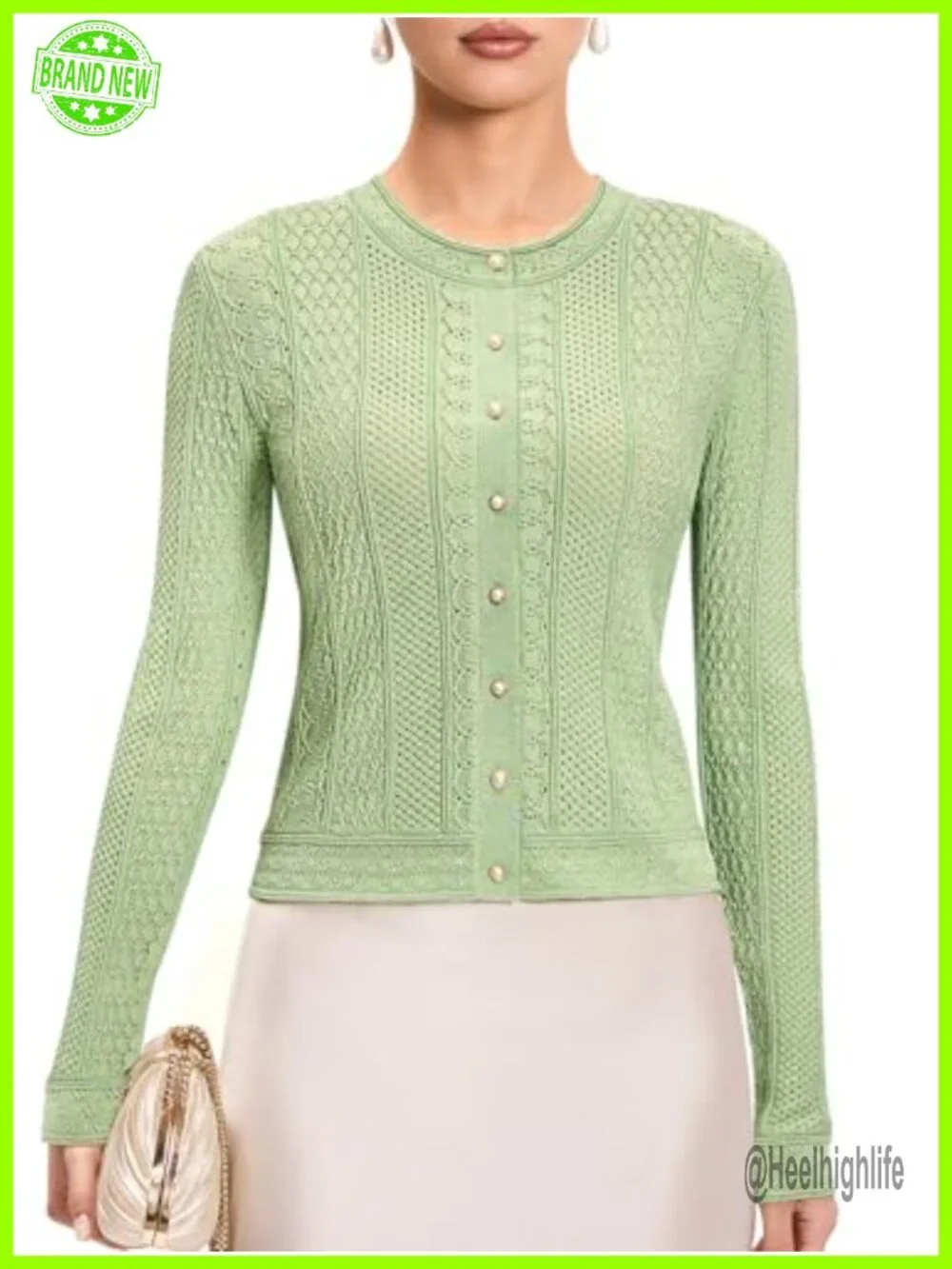 Crochet Cropped Cardigan with Pearl Buttons & Gold Thread Lightweight